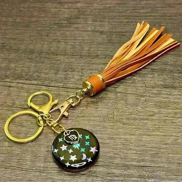 Hand Crafted Medallion Virgo Charm and Brown Tassel Gold Tone Keychain - Picture 1 of 2